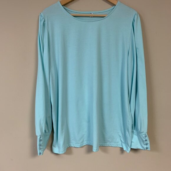 Blue Blouse Women's Light Blue Long Sleeve Shirt Button Cuff Detail & Scoop Neck - Picture 1 of 8